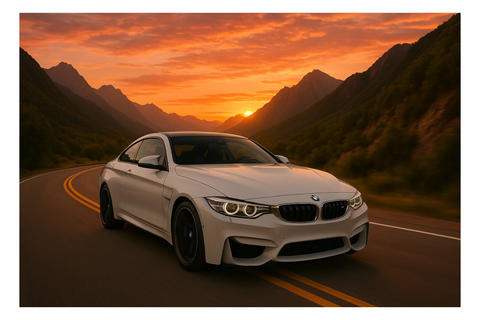 Add a detailed sunset background behind the white BMW M4 on the mountain road, maintaining a realistic style with a detailed and natural environment. sticker