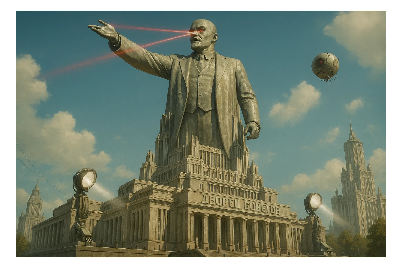 Дворец Советов реалистичный, как на фото. В стиле Atomic Heart, ретрокиберпанк. Упор на 100-метровую фигуру Ленина, у которой из глаз прожекторы лазерные. Светло, день sticker
