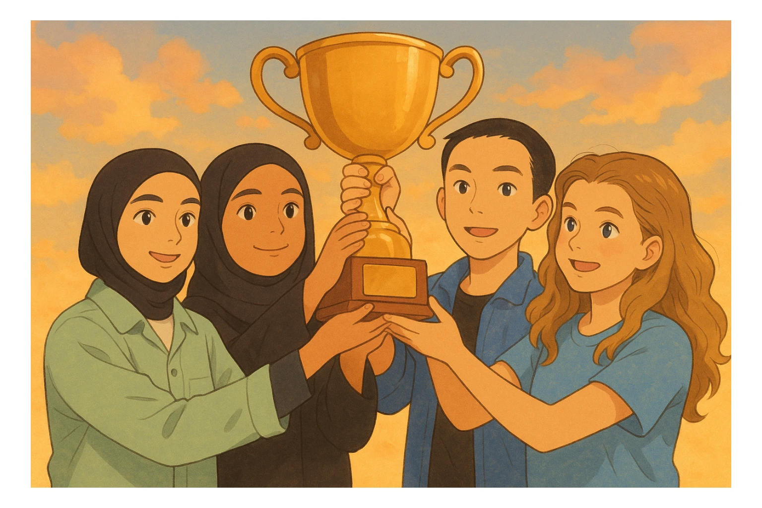 Illustration style Ghibli of four students inspired by the given faces, warm atmosphere, all lifting a trophy together, soft background, golden light, visible diversity, warm and joyful colors, in Ghibli style. sticker