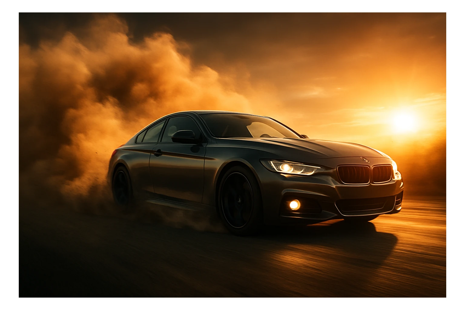 a car accelerating quickly, dust rising from the tarmac, dynamic motion, dramatic scene sticker