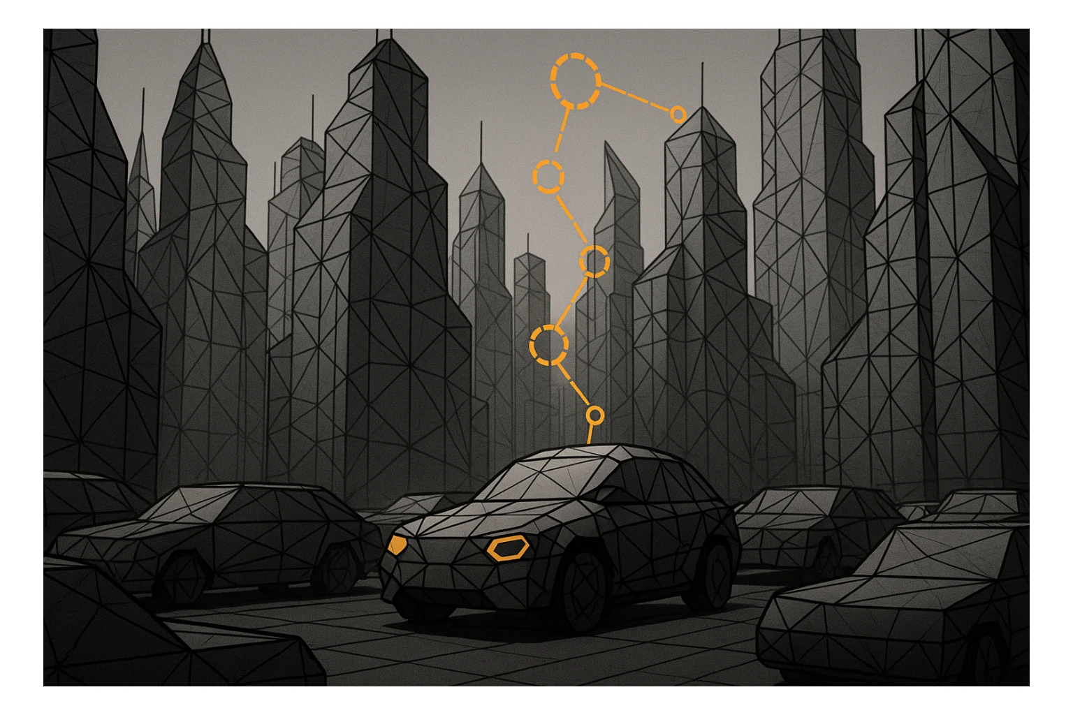 A car zooms through dense traffic in a futuristic city with skyscrapers, partial wireframe rendering revealing the city is part of a computer simulation, the car is a robot with visible waypoints sticker