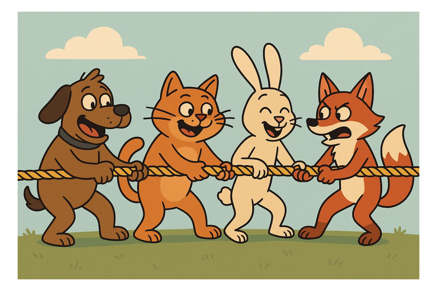 team of animals pulling a rope together, teamwork, fun, colorful sticker