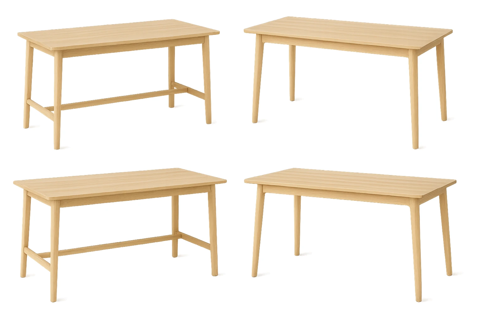 Create multiple variations of a rectangle wooden table with light wood in Scandinavian style, no background, highlighting simplicity, functionality, and natural elements. sticker