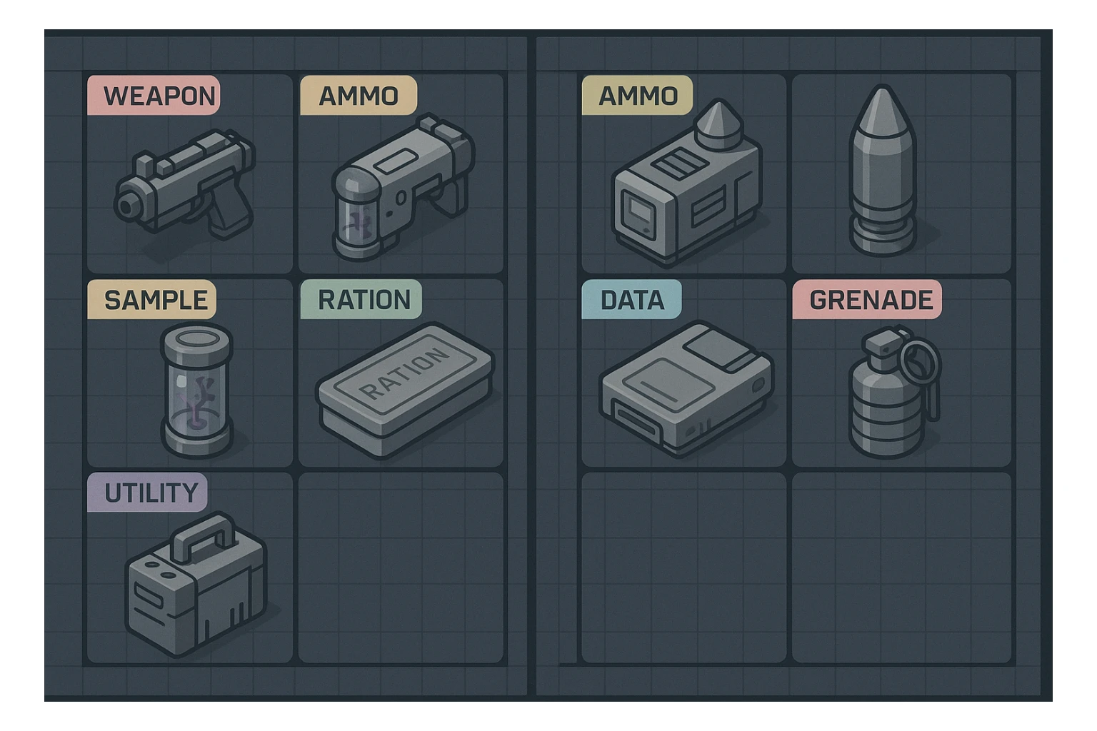 a virtual display, a gray grid with darker gray cells, each cell containing an item viewed in isometric minimalism render The cells have pastel neon colored labels in their upper corner, indicating various traits of the items. retrofuturism, circa 2880's.
The items are scientific and military in nature - varieties of munitions, scientific samples, rations, data storage, utilities. There are two arrays of grids, one left, one right. Each array has a few empty spaces at the bottom sticker