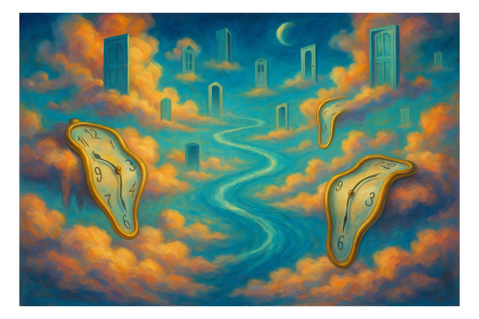 surreal heaven with melting clocks, floating doors, celestial rivers, inspired by Salvador Dalí's dreamlike surrealism sticker
