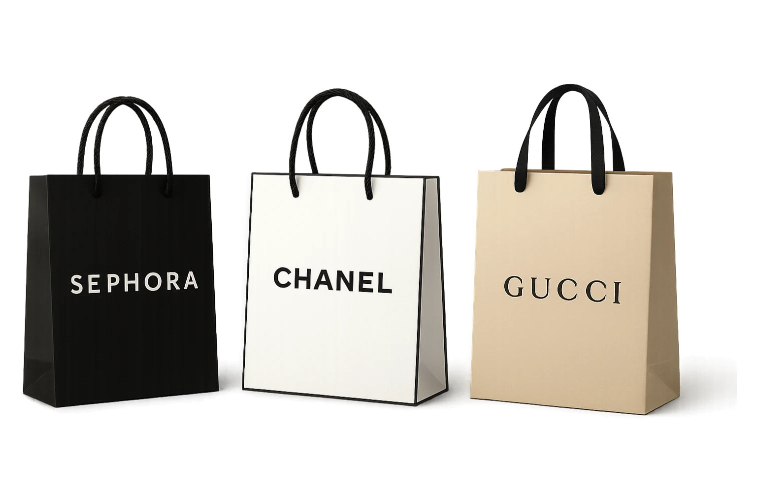 three shopping bags, each with a different luxury store logo: Sephora, Chanel, Gucci, elegant and upscale look sticker