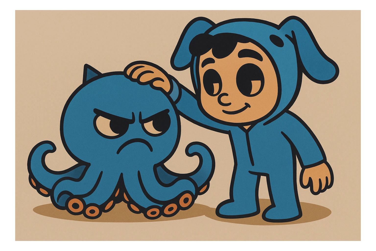Change the octopus to have an angry expression with furrowed brows and frown, while the human keeps a gentle smile. Cartoon style, keep the same pose. sticker
