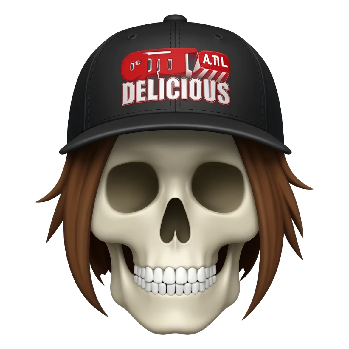 Create a skeleton head wearing a black baseball cap that says " C t r l A l t D e l i c i o u s " in Red, and white lettering, with brown hair sticker