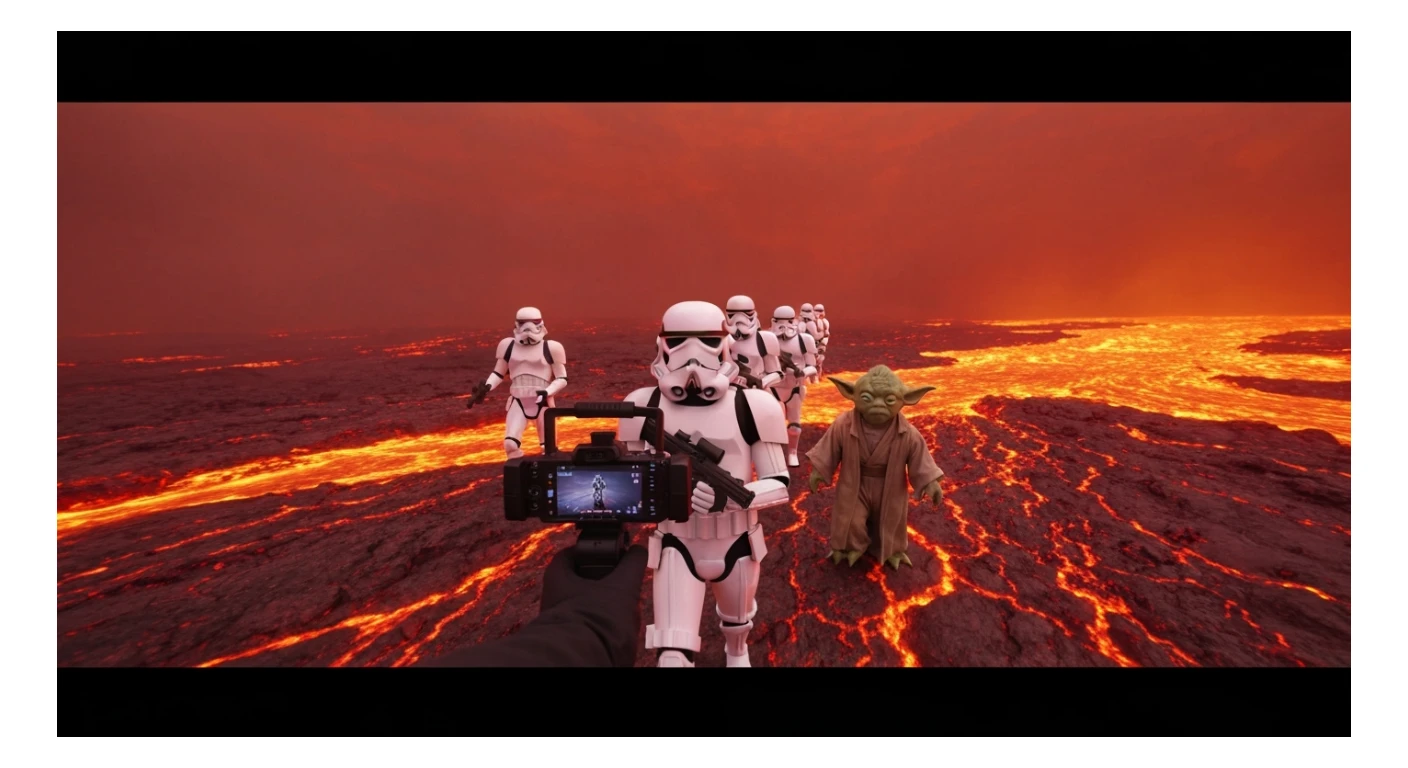 Shot on vlog camera, Starwars stormtroopers is walking on lava planet with yoda sticker