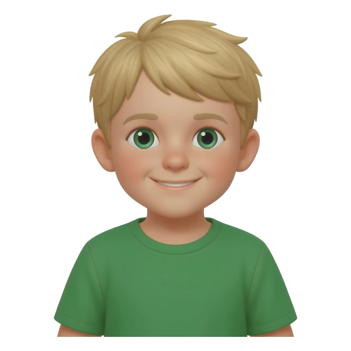 3 year old blonde boy with green-blueish eyes happy getting dressed with a green t-shirt sticker
