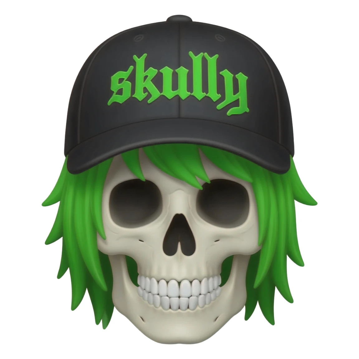Create a skeleton head wearing a black baseball cap that says "skully" in green lettering, with green emo hair sticker