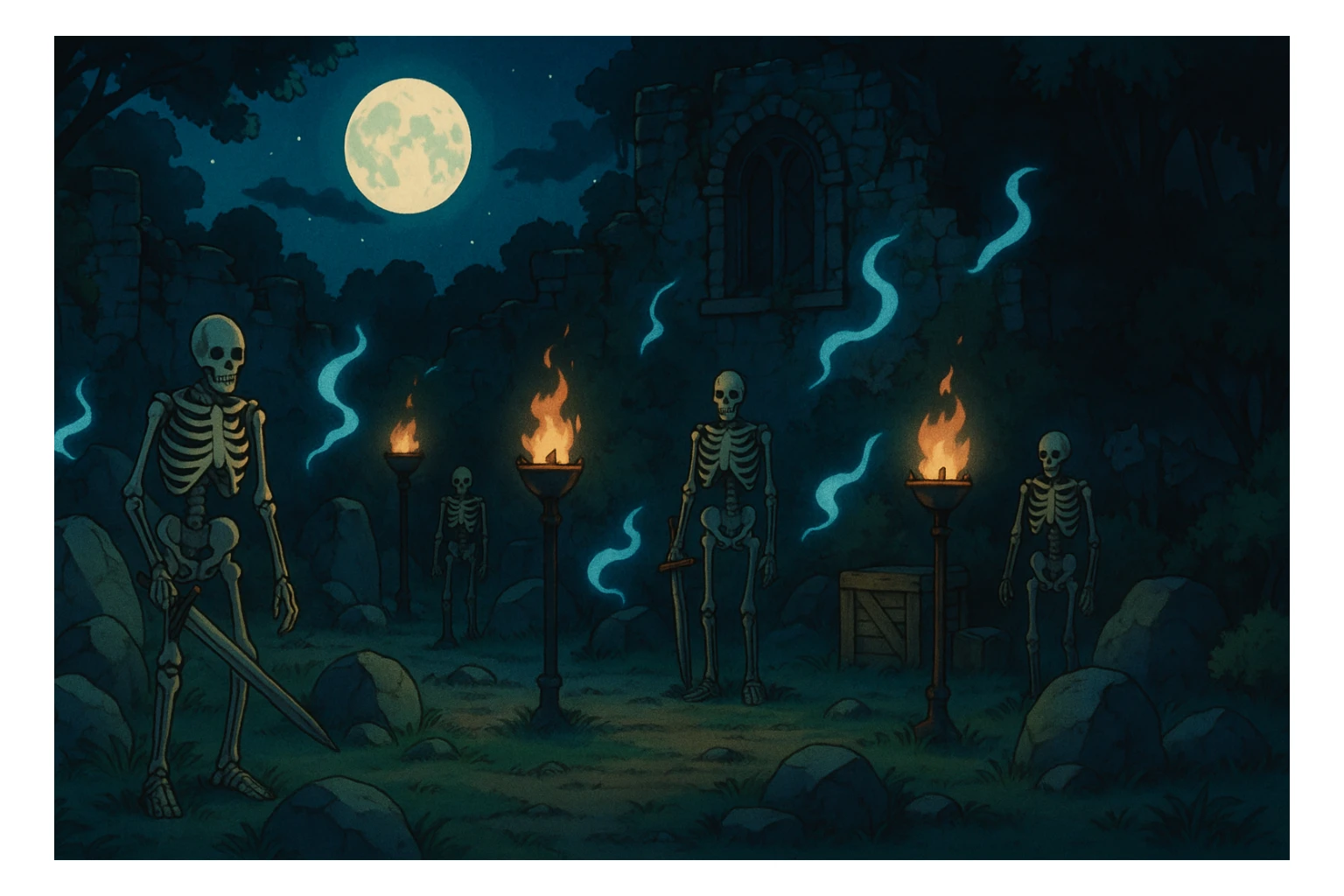 midnight within the ruins of abandoned castle yard, protrude boulders, amid iron torches and crates tucked behind, skeleton warriors, wisps, and wolves linger just in the edge of view behind scenery sticker
