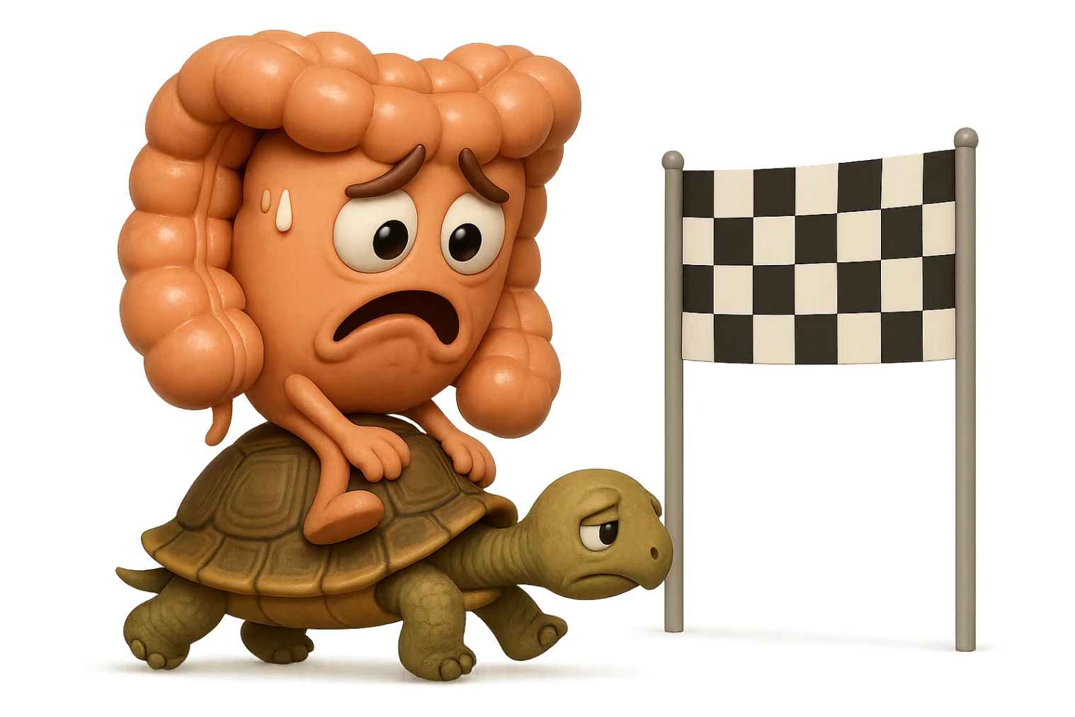  EMOJI STILE IPHONE 3D DI UN INTESTINO CON ESPRESSIONE ANGOSCIATA CHE CAMMINA SEDUTO IN GROPPA SUL GUSCIO DI UNA TARTARUGA IN ATTESA ESTENUANTE DI RAGGIUNGERE UN TRAGUARDO POCO PIù AVANTI, SULLA LORO DESTRA. IL TRAGUARDO è UNA BANDIERA A DUE PIEDI CON FASCIA A SCACCHI BIANCHI E NERI. iperrealistico 4k sticker