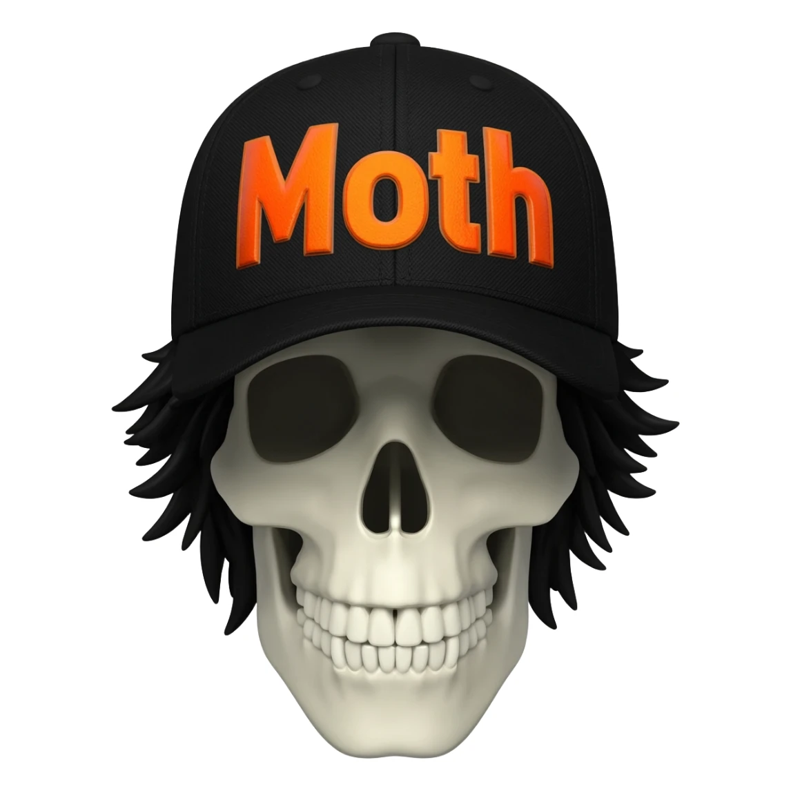 Create a skeleton head wearing a black baseball cap that says "Moth" in orange lettering, with black hair sticker