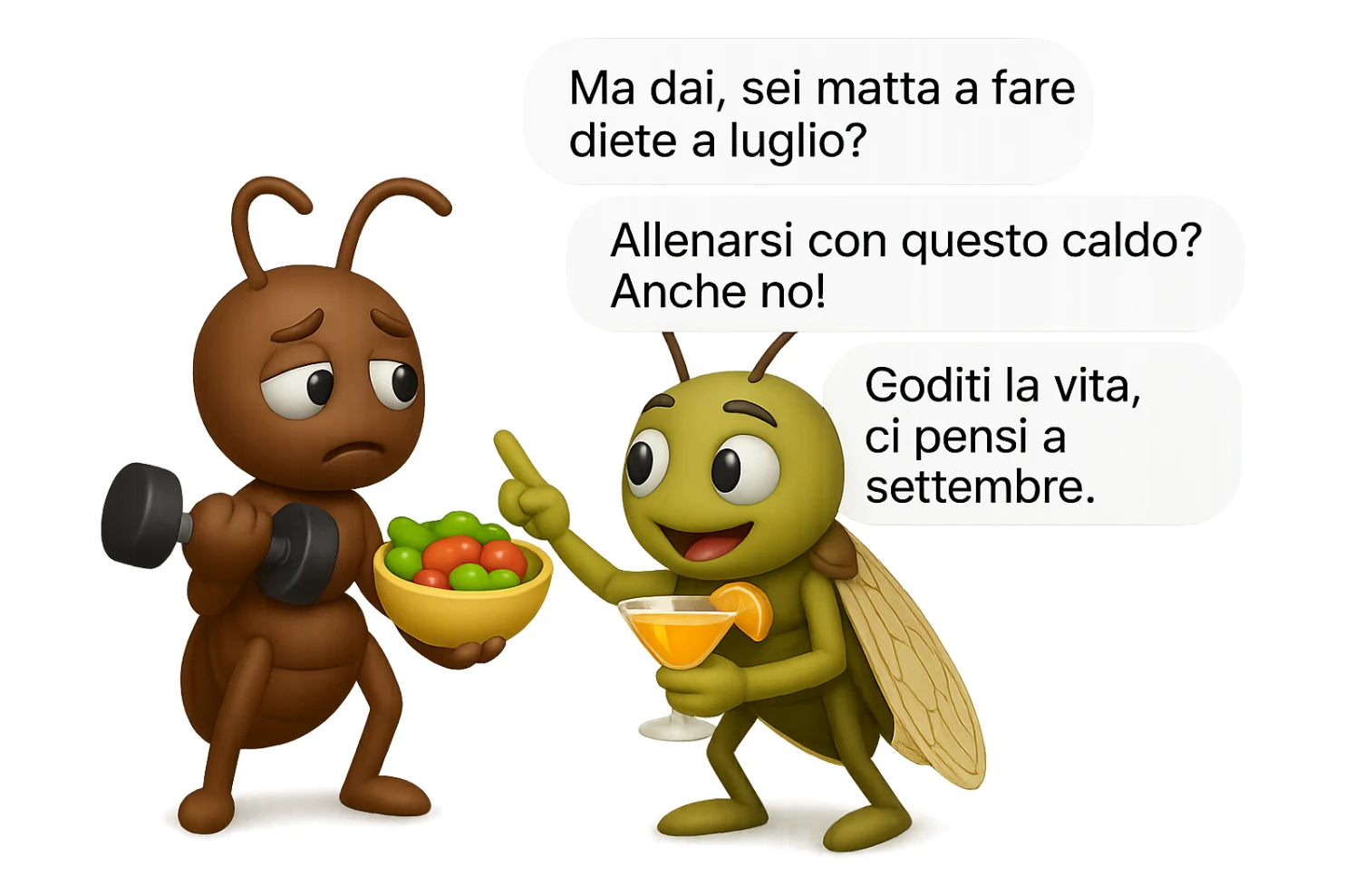 EMOJI STILE IPHONE 3D DI una cicala e una formica che parlano tra loro, la formica ha nella mano destra un manubrio da palestra e nella nella mano sinistra una bowl di insalata, la cicala invece ha un cocktail in mano, la cicala prende in giro la formica E LE DICE IN 3 FUMETTI DIFFERENTI: "Ma dai, sei matta a fare diete a luglio?”
“Allenarsi con questo caldo? Anche no!”
“Goditi la vita, ci pensi a settembre.”
 sticker