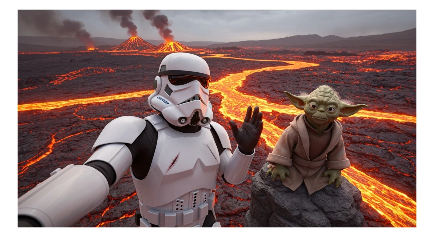 selfie camera, Starwars stormtroopers vlogging , he is walking on lava planet with yoda sticker