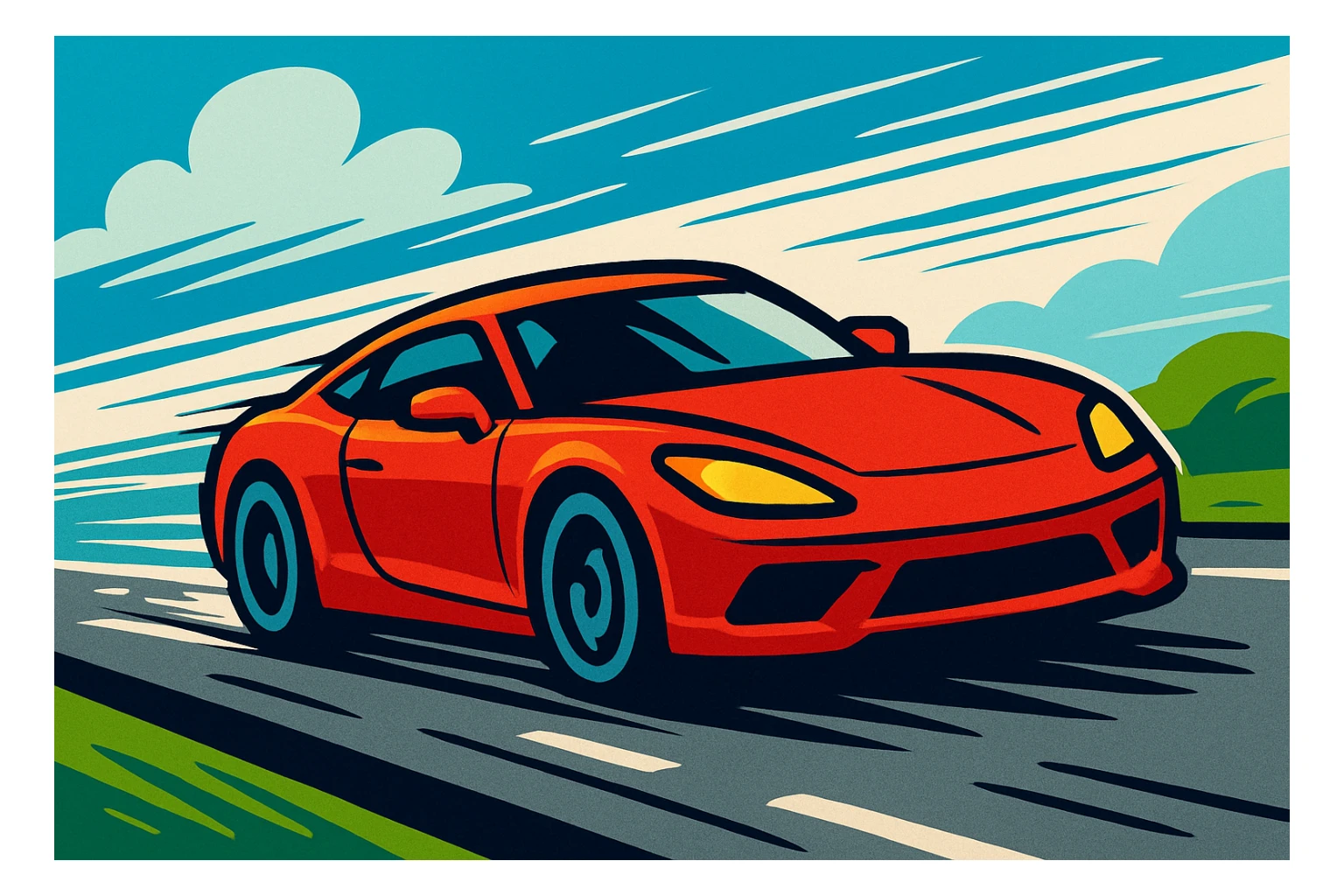 a sports car quickly moving on asphalt road, motion lines, stylized, cartoon-like appearance, shiny red color sticker