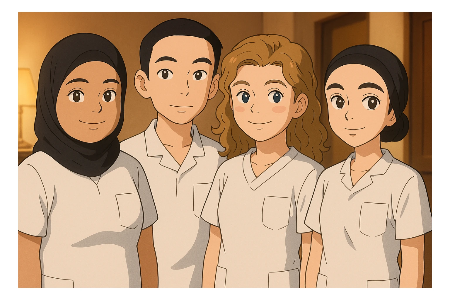 Four nursing students side by side in a warm indoor ambiance, wearing white short-sleeve uniform tops resembling medical tunics with V-neck collars and left chest pockets, no stand-up collars, no hijabs or undergarments beneath the tunics, no stethoscopes. Each student has the face from the provided portraits, styled in Ghibli style, group composition, variation 3. sticker