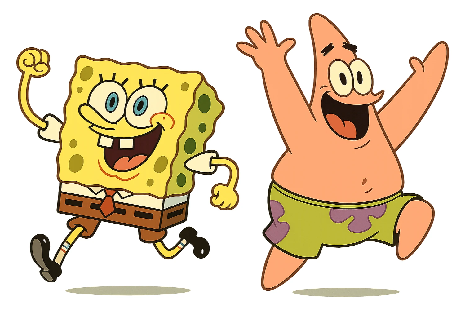 Spongebob and Patrick as lively, energetic icons, expressive poses, bright colors, dynamic movement, inspired by their movie appearances, flat color, minimal detail, no text sticker
