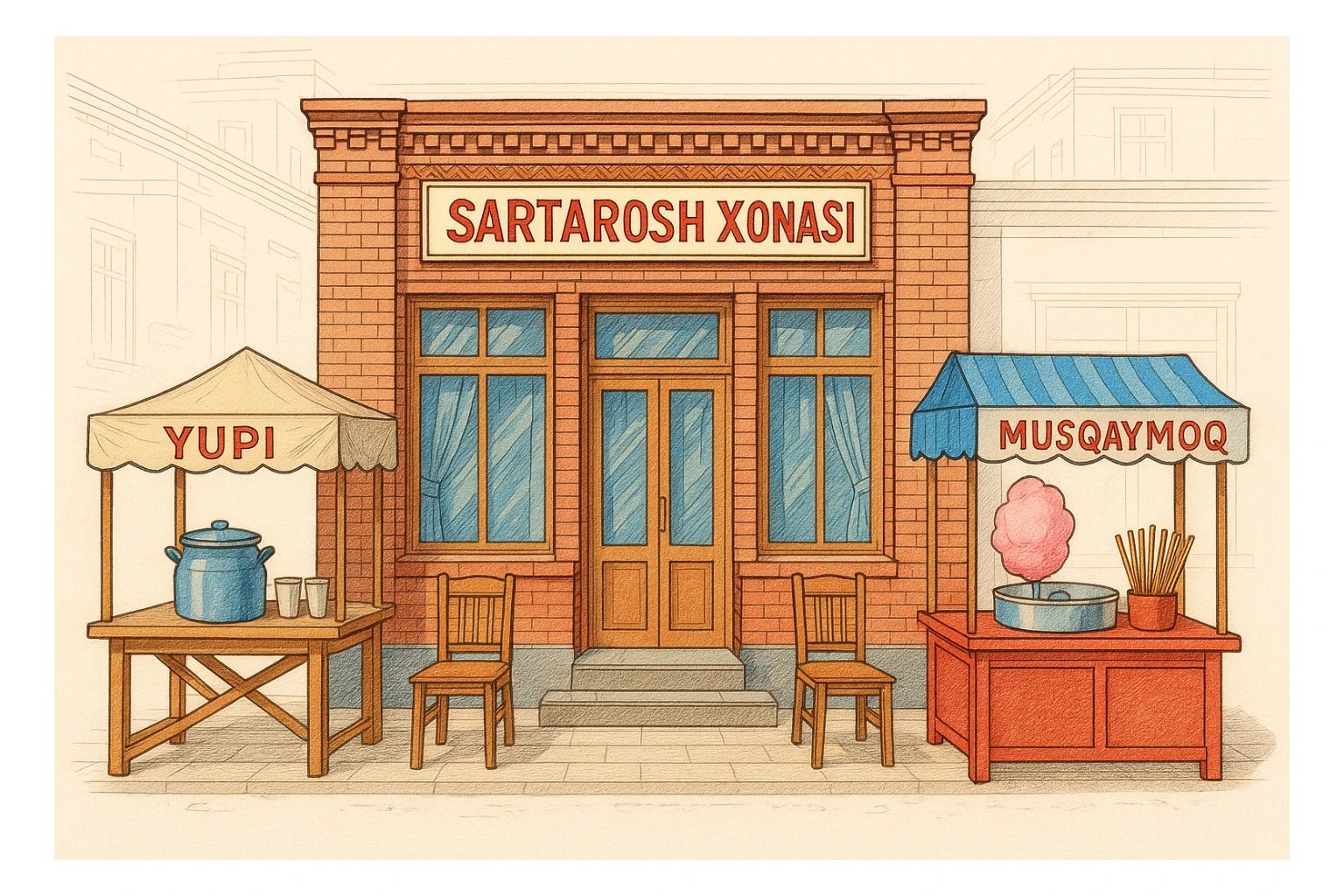 brohouse sartarosh xonasini chizib ber tashqaridan va uning yonida yupi va musqaymoq sotadigan lavkalar bulsin sticker