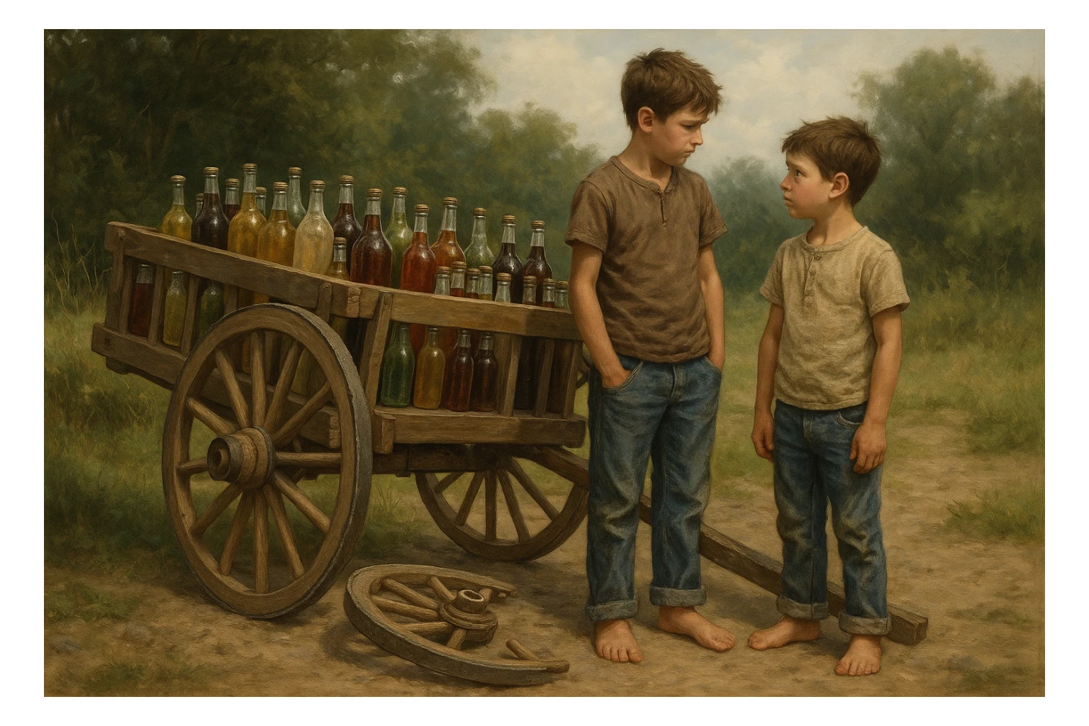 Bir g'ildiragi singan ichimliklar ortilgan arava uning yonida aka uka bir biriga havotirli nigoh bilan qarab turibdi realistik uslubda yuzi ko'rinmasin sticker