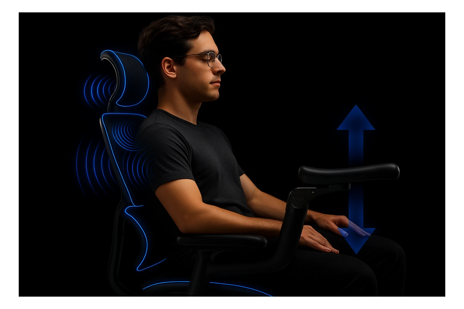 Youtube thumbnail of person using ergonomic chair, black solid background, neon light, closeup showing details of ergonomic chair  sticker