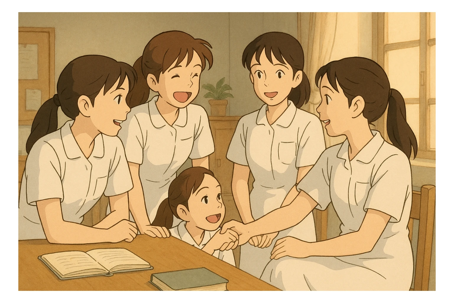 Indoor Ghibli scene with four nursing students interacting, white short-sleeve uniforms with V-neck and left chest pocket, bare forearms, long hair tied back, no stethoscopes or collar stand, inspired by reference photos sticker