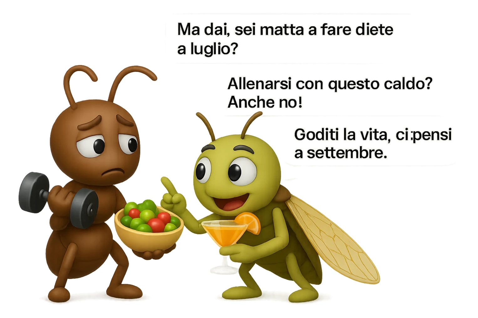 EMOJI STILE IPHONE 3D DI una cicala e una formica che parlano tra loro, la formica ha nella mano destra un manubrio da palestra e nella nella mano sinistra una bowl di insalata, la cicala invece ha un cocktail in mano, la cicala prende in giro la formica E LE DICE IN 3 FUMETTI DIFFERENTI: "Ma dai, sei matta a fare diete a luglio?”
“Allenarsi con questo caldo? Anche no!”
“Goditi la vita, ci pensi a settembre.”
 sticker