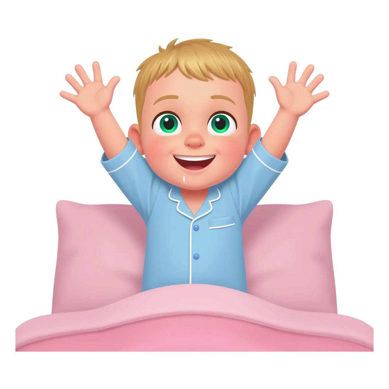 Use the same 3 year old blonde boy with green-blueish eyes, it should be the same boy as before  happy with plain blue pajamas raising both arms up, on the bed sticker