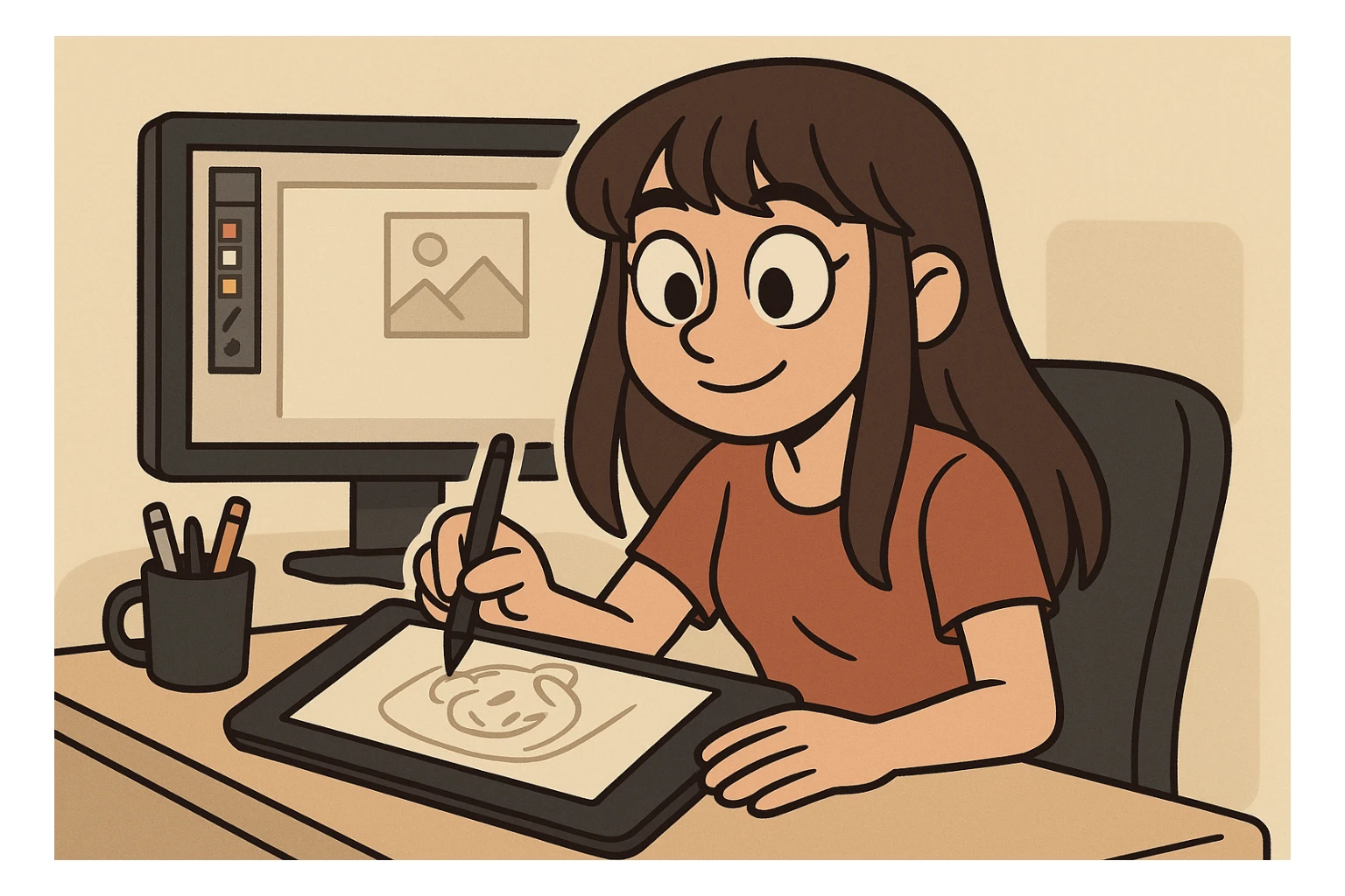 a girl graphic designer with long brown hair and bangs, brown eyes, sketching on a tablet, flat toon style sticker