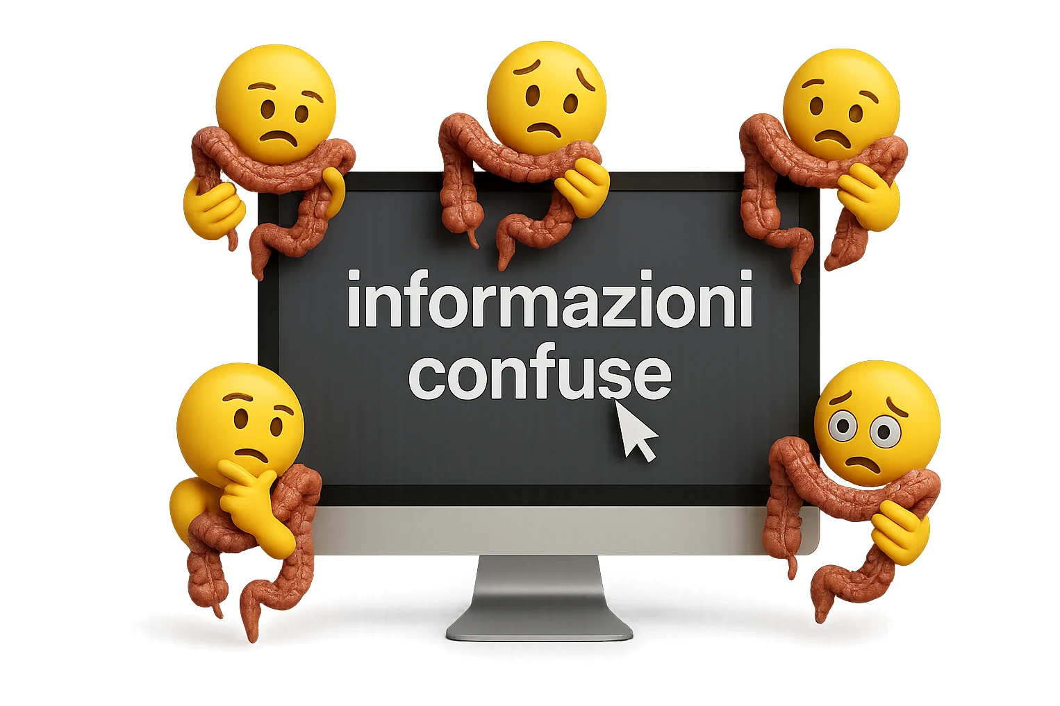 SCHERMO DI PC CON LA SCRITTA "informazioni confuse" SULLO SCHERMO E IL CLICK DEL MOUSE SULLA SCRITTA, stile emoji iphone fluttuano in aria stringendo in mano un pezzo di colon intestinale, iperrealistico 4k sticker
