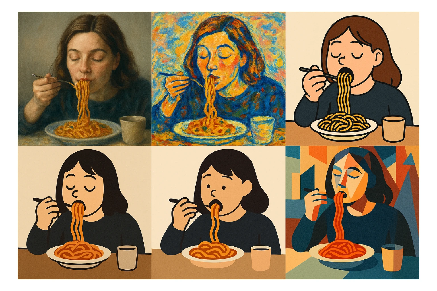 a woman eating food, diverse styles, scene 3 sticker