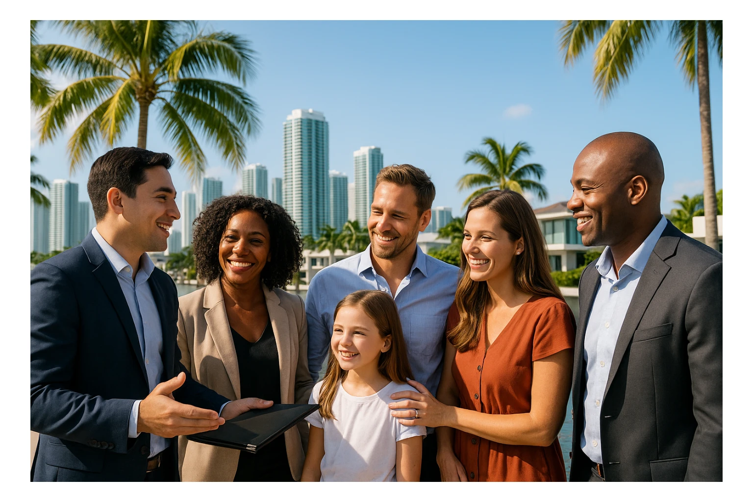 Foto hiper realista que refleje a nuestro cliente ideal de real estate: Profesionales y familias en transición Que desean mudarse a Miami o adquirir una segunda residencia, guiados por un equipo que habla su idioma —literal y figurativamente. sticker