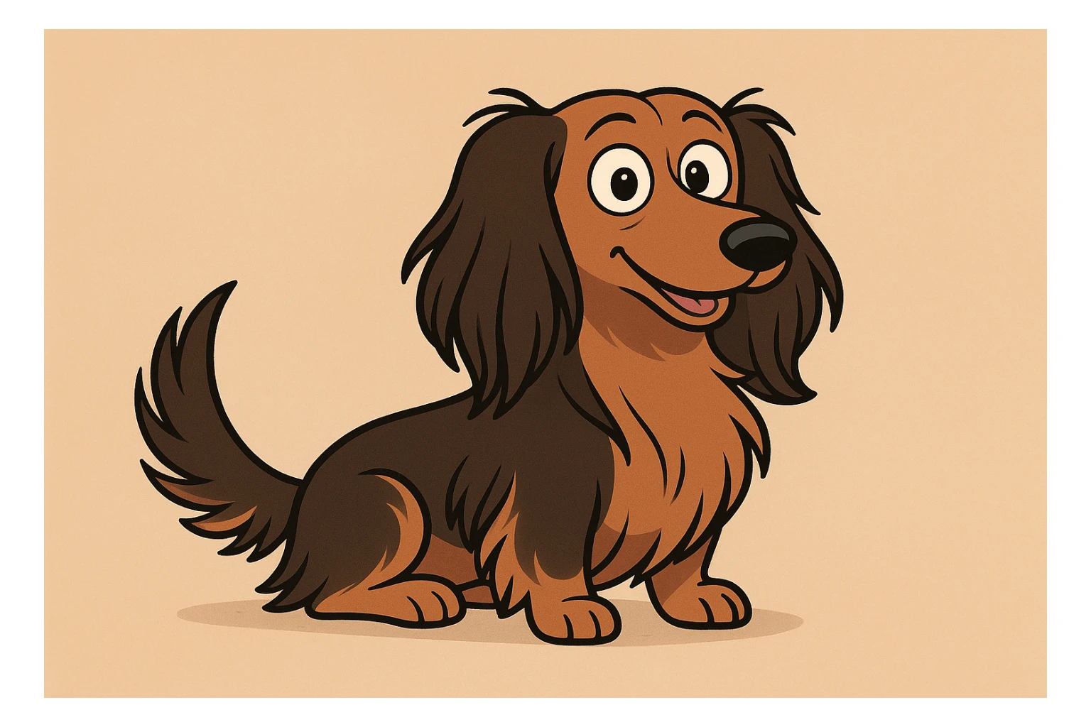 cartoon style long-haired dachshund dog, cute, colorful, playful sticker