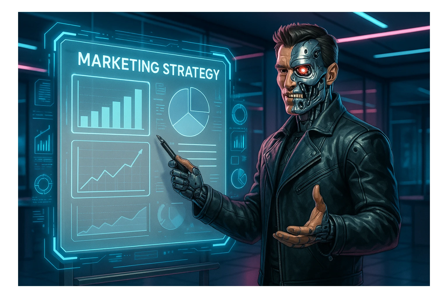 A half-human, half-Terminator character enthusiastically presenting a marketing strategy on a whiteboard, with futuristic tech elements sticker