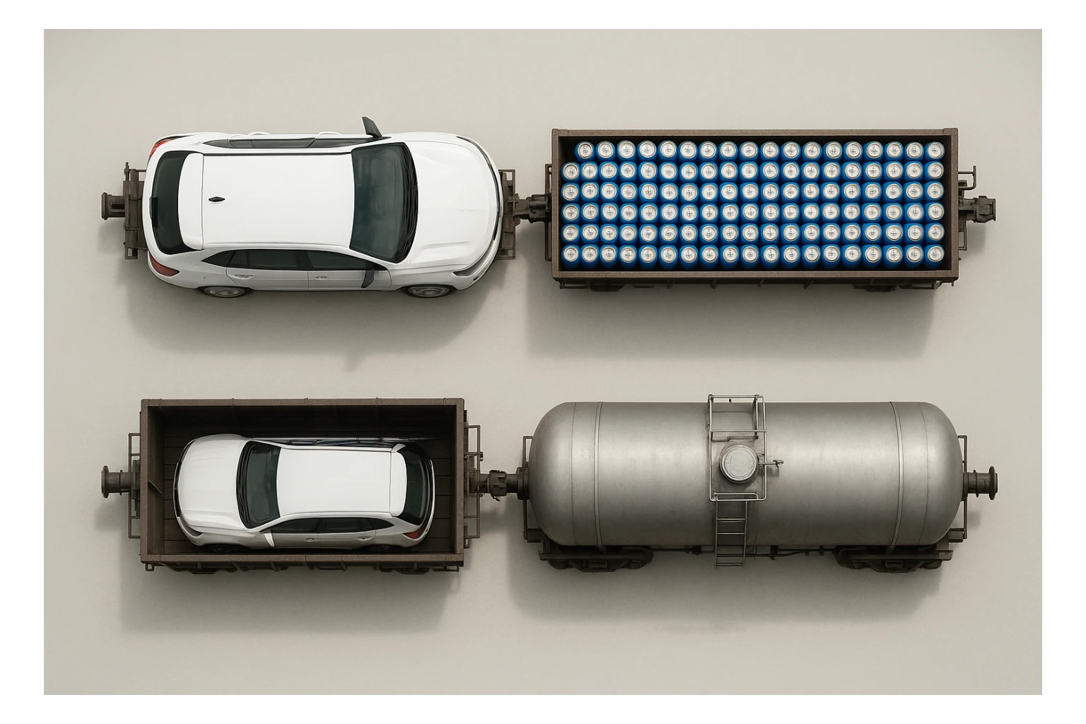 Вид строго сверху (top-down). Реалистичный грузовой поезд из трёх вагонов.
Вагон 1: внутри одна большая белая машина Chevrolet (без логотипов и без каких-либо надписей).
Вагон 2: много одинаковых банок синего цвета, похожих на напиток Pepsi, уложенных плотными рядами, но без логотипов и надписей.
Вагон 3: железнодорожная цистерна для газа, полностью реалистичная, без надписей, без маркировки, без символов.
Ничего не обрезано, весь поезд полностью помещается в кадр сверху. Чистый нейтральный фон, без окружения. Максимальная реалистичность, ровный свет. sticker