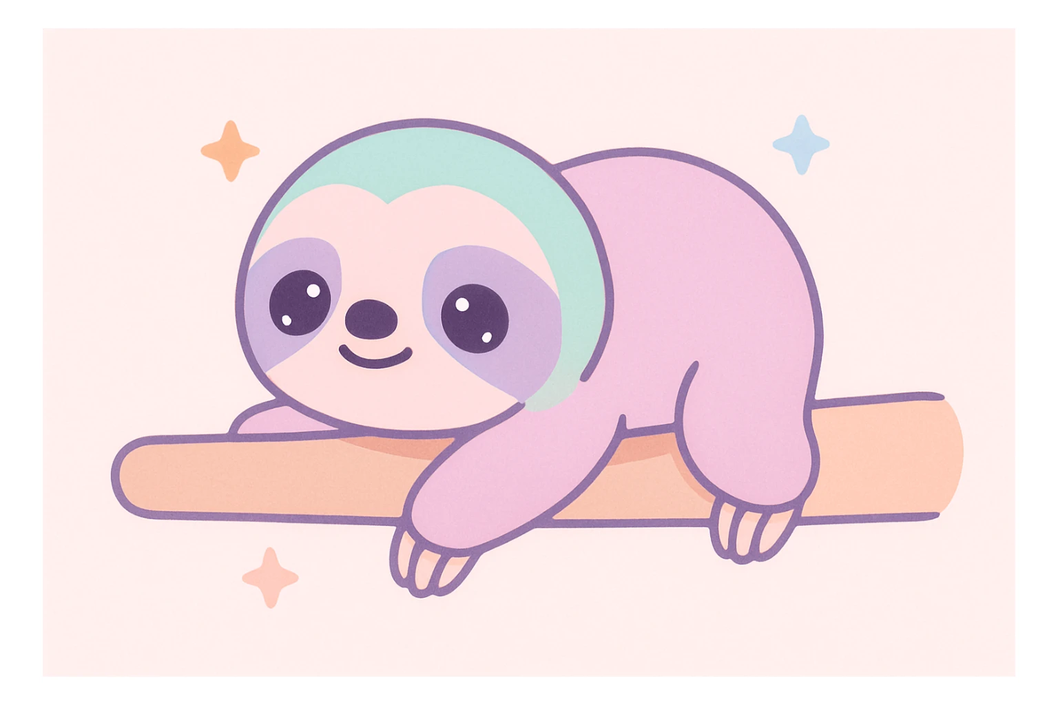 a sloth crawling slowly on a tree branch, looking sleepy, cute cartoon style sticker