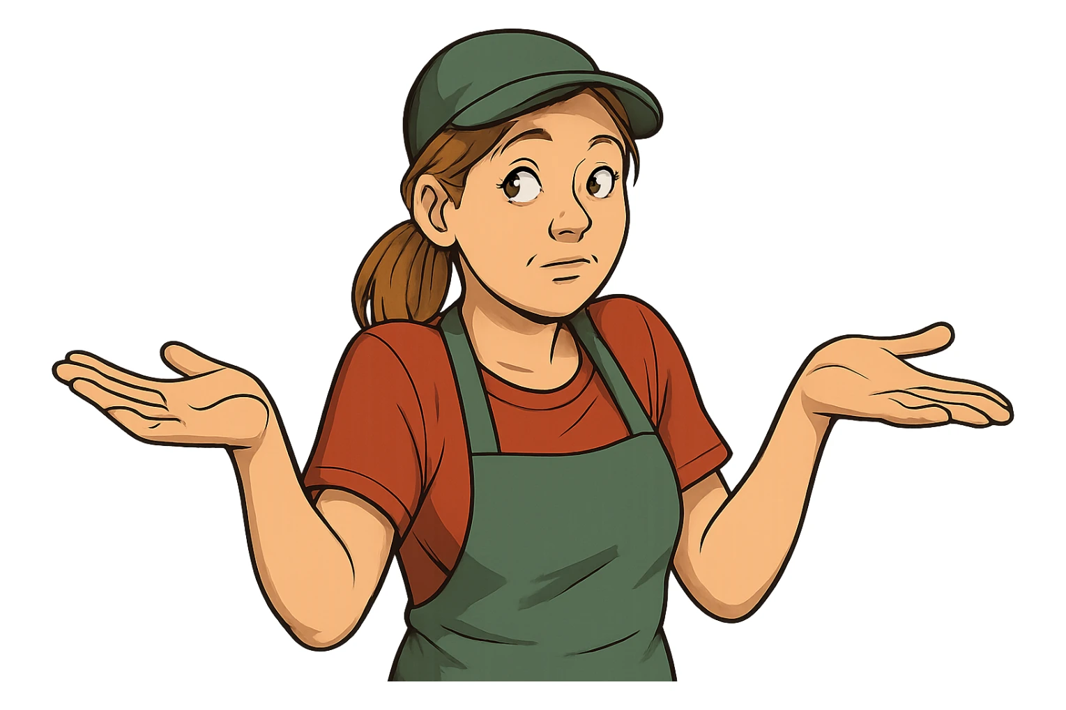 В позе этого мема сгенерируй типичную молодую российскую продавшицу в продуктовом магазине, которая недоуменно но при этом хитровато разводит руками, слегка рисованный, но при этом объемный стиль, прозрачный фон sticker