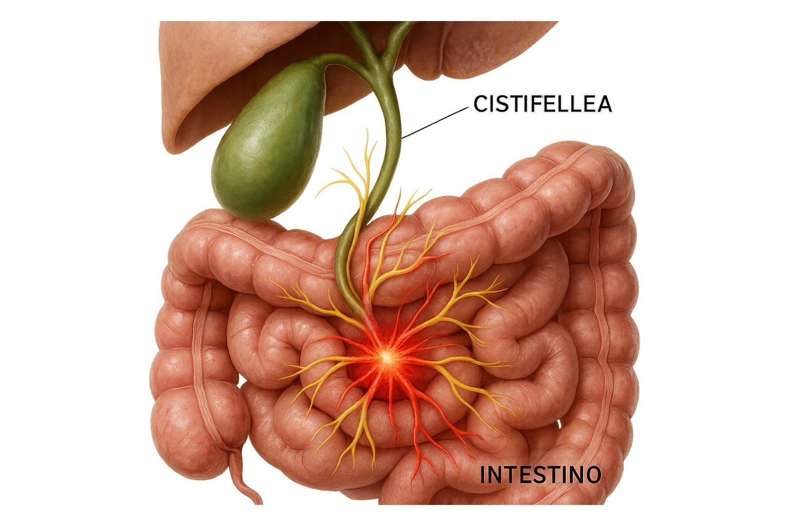 CISTIFELLEA E INTESTINO SONO COLLEGATI NEL DOLORE, iperrealistico 4k sticker