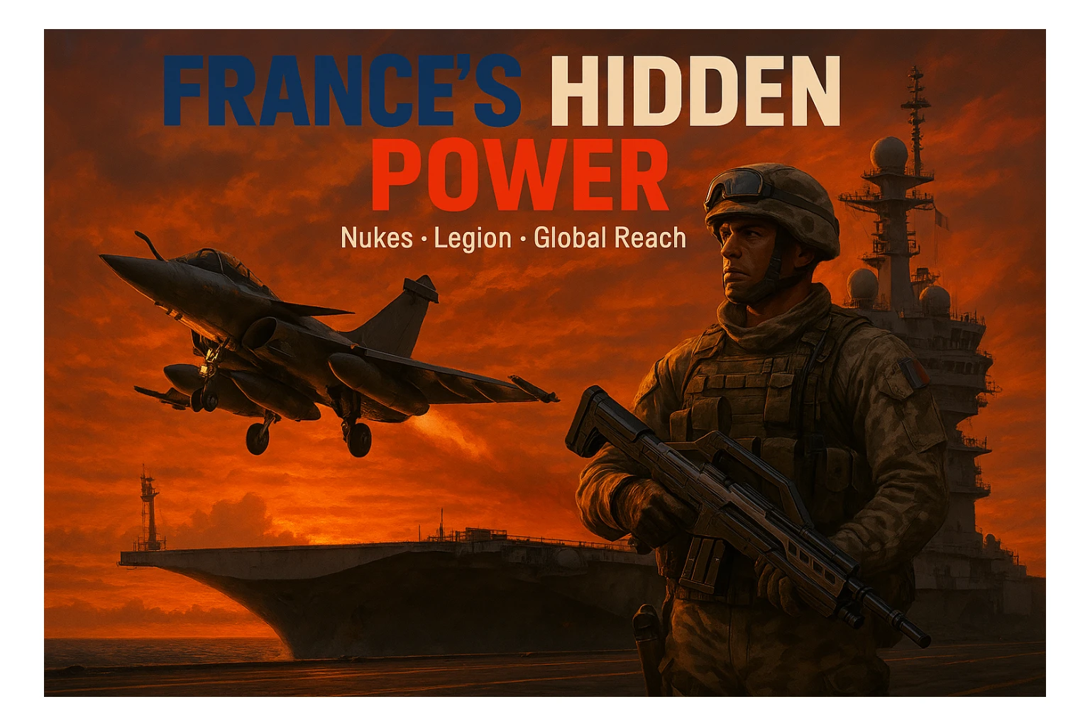 epic dusk scene of Rafale jet taking off from Charles de Gaulle carrier with orange sunset, foreground showing a Legionnaire in desert camo with a sci-fi rifle, bold tricolor headline 'FRANCE’S HIDDEN POWER' with subtext 'Nukes • Legion • Global Reach', cinematic, 8K resolution sticker