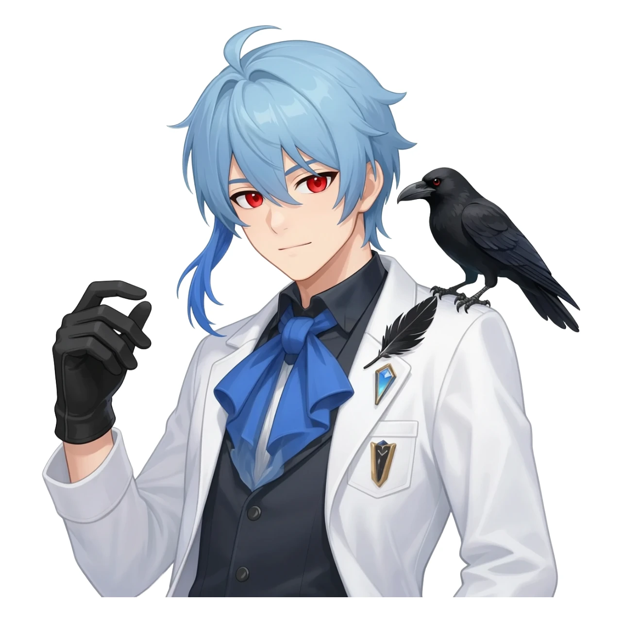 Zandik from Genshin Impact; Alchemist handsome anime man with light-blue beautiful hair, handsome sexy, long hair tendril bangs down on the sides, white lab coat, blue cravat, black feathers on shoulder, raven companion, black gloves, red eyes sticker