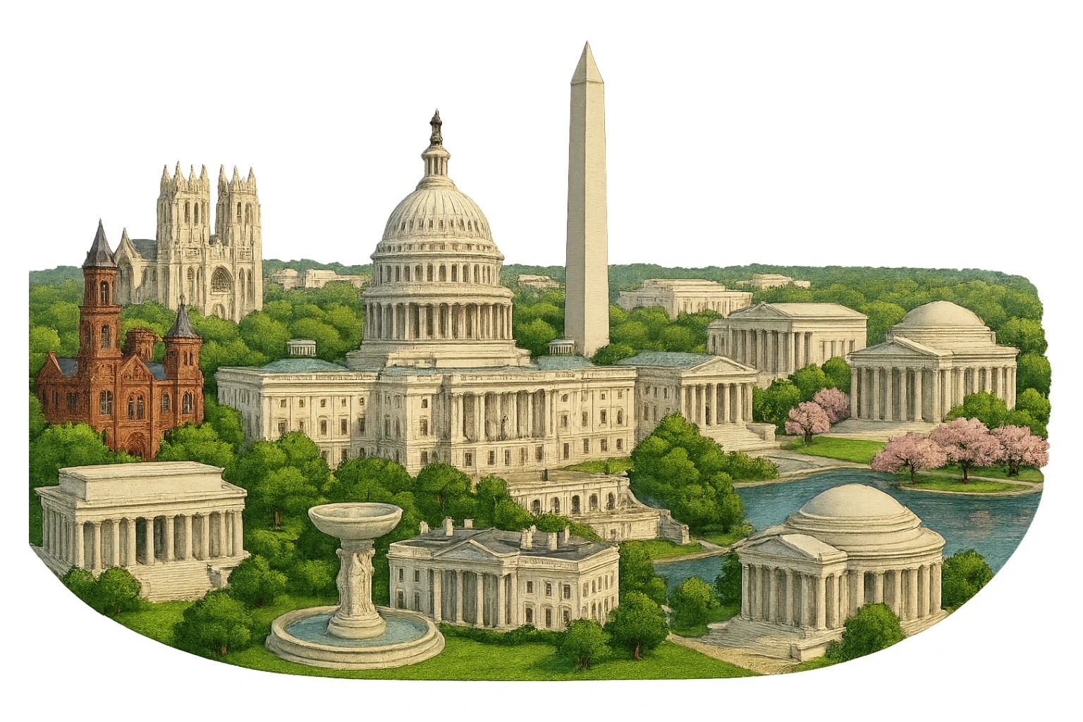 cinematic realistic emoji of Washington DC, wide city view with US Capitol, Washington Monument, Lincoln Memorial, Jefferson Memorial, White House, Smithsonian Castle, National Cathedral, Supreme Court, Tidal Basin with cherry blossoms, and Dupont Circle Fountain, lifelike detail, accurate colors, bright daytime lighting, no sky, no clouds, no city name label, transparent background sticker