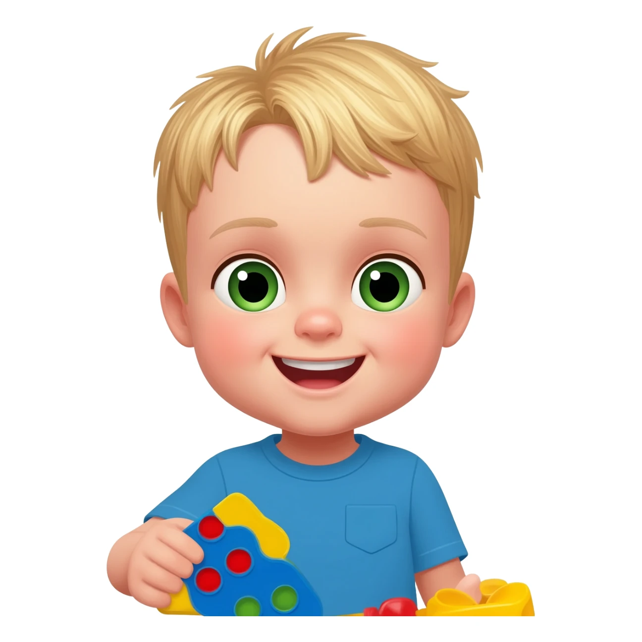 Use the same 3 year old blonde boy with green-blueish eyes as before  happy playing with toys with a blue tshirt sticker