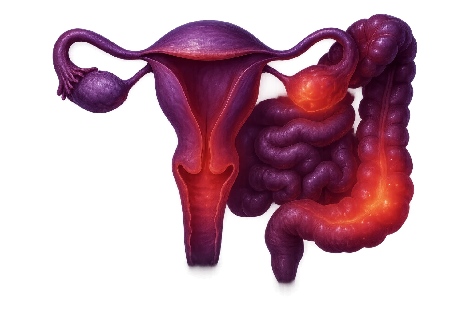 utero umano anatomico iperrealistico e intestino umano anatomico iperrealistico hanno in comune il dolore e l'infiammazione, rendi bene il collegamento tra i due organi doloranti, falla iperrealistica, non disegnata, fai colori che si adattano a questo viola #971ef1 sticker