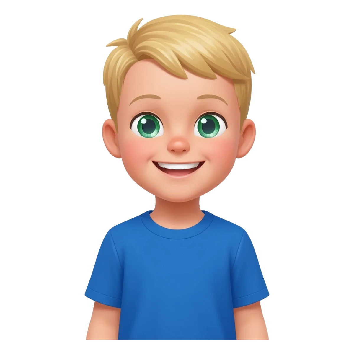 Use the same 3 year old blonde boy with green-blueish eyes as before  happy getting dressed, putting on a blue tshirt sticker