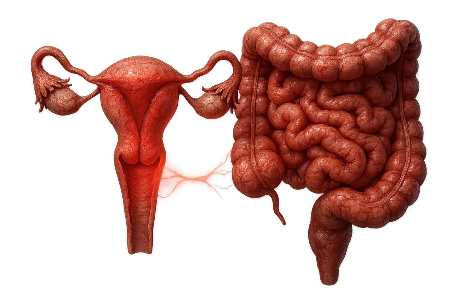 utero umano anatomico iperrealistico e intestino umano anatomico iperrealistico hanno in comune il dolore e l'infiammazione, rendi bene il collegamento tra i due organi doloranti, falla iperrealistica, non disegnata sticker