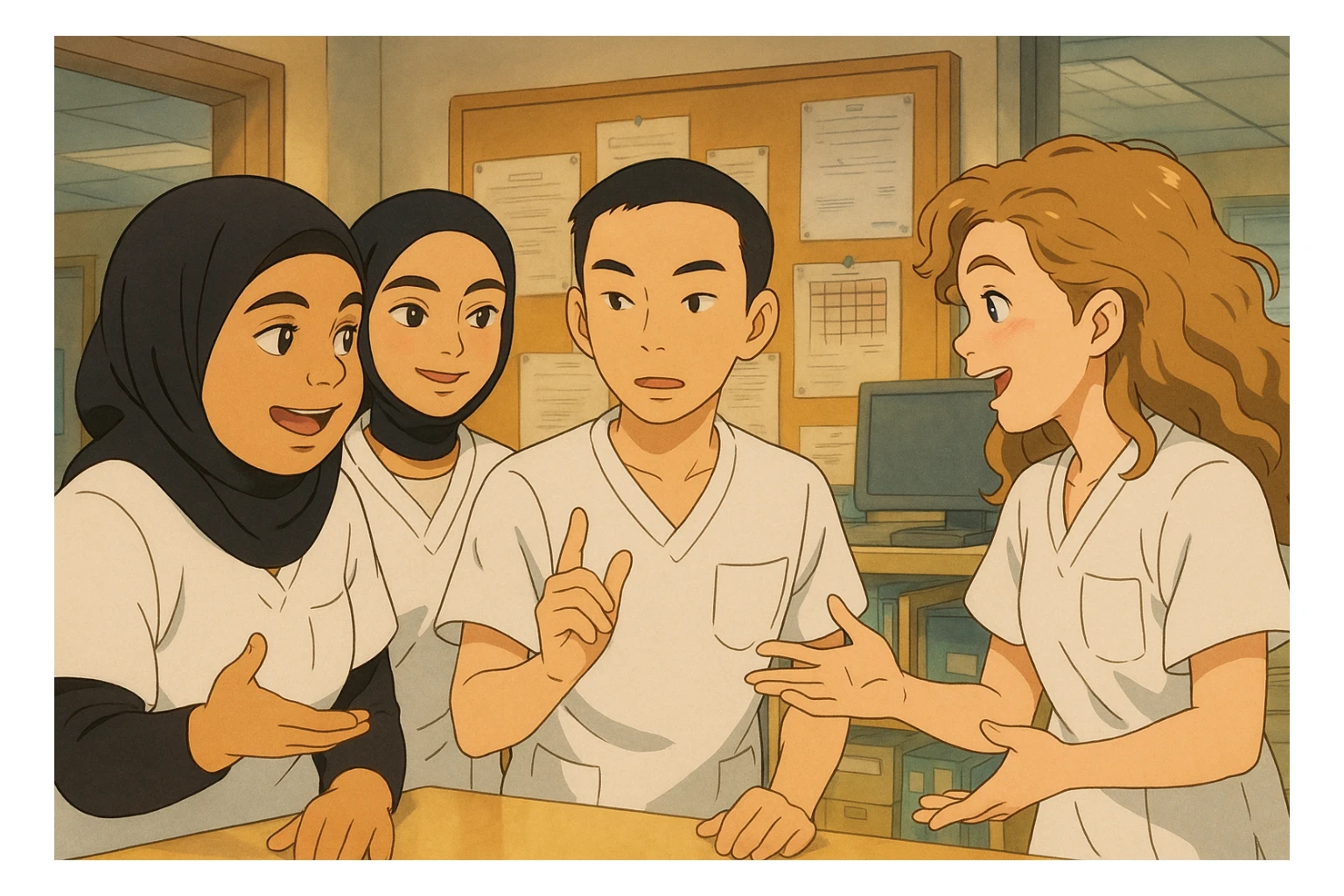 Four nursing students inspired by the four provided faces, in lively discussion in a care station, in Ghibli style. They wear short-sleeved white uniforms, medical tunics with V-neck and left chest pocket, no stethoscopes or clothing extending beyond sleeves. Dynamic scene of teamwork. sticker