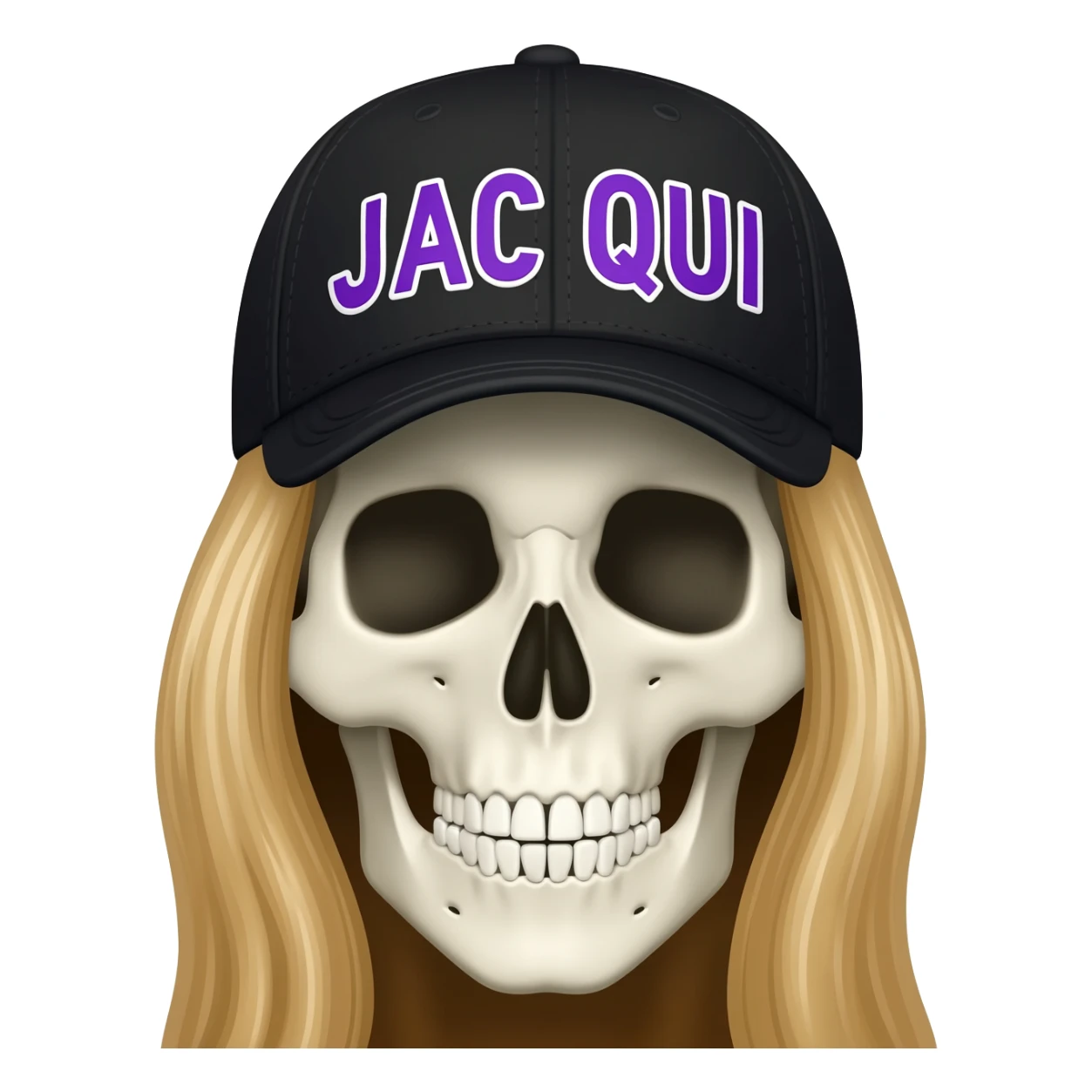 Create a skeleton head wearing a black baseball cap that says " J A C Q U I " in purple, and white lettering, with long blonde hair sticker