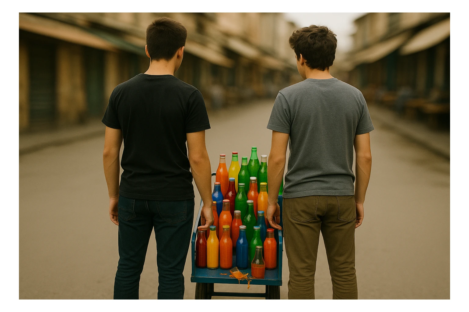 endi shu aravani bir balonchasi singan ko'rinishda va aka uka uning yonida turganini tasvirla yuzlari ko'rinmasin sticker