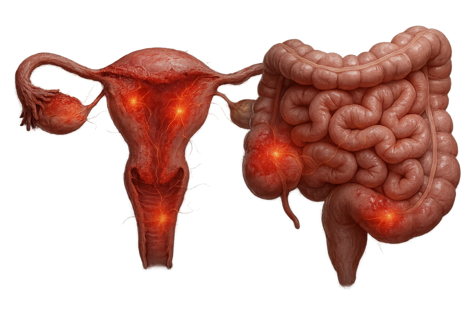 utero umano anatomico iperrealistico e intestino umano anatomico iperrealistico hanno in comune il dolore e l'infiammazione, rendi bene il collegamento tra i due organi doloranti, falla iperrealistica, non disegnata sticker